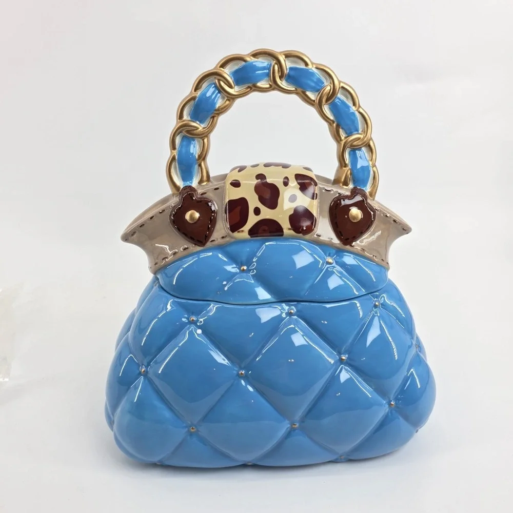 David's Cookies Handbag Turquoise & Gold Ceramic Cookie Jar Vintage 10